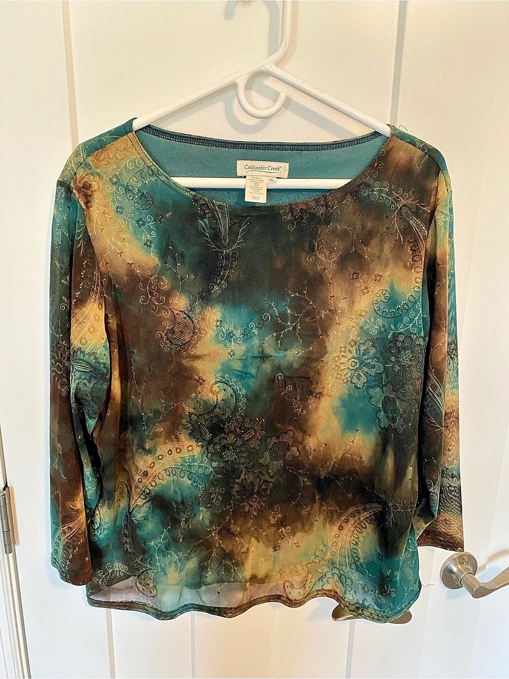Coldwater Creek Abstract Long Sleeve Top Blue & Brown Size XL